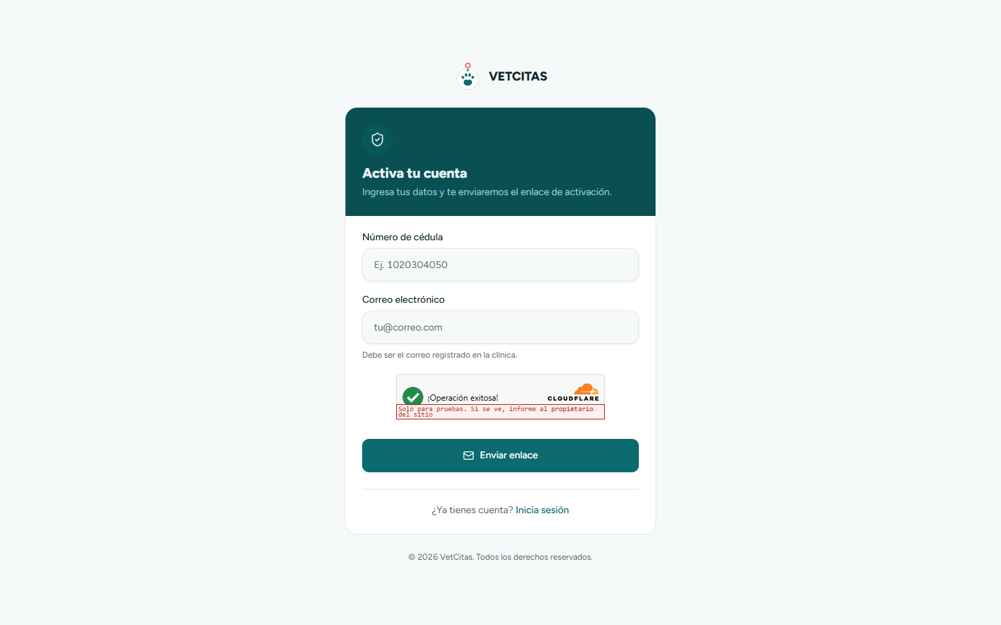 Pantalla Activa tu cuenta con los campos de número de cédula y correo electrónico