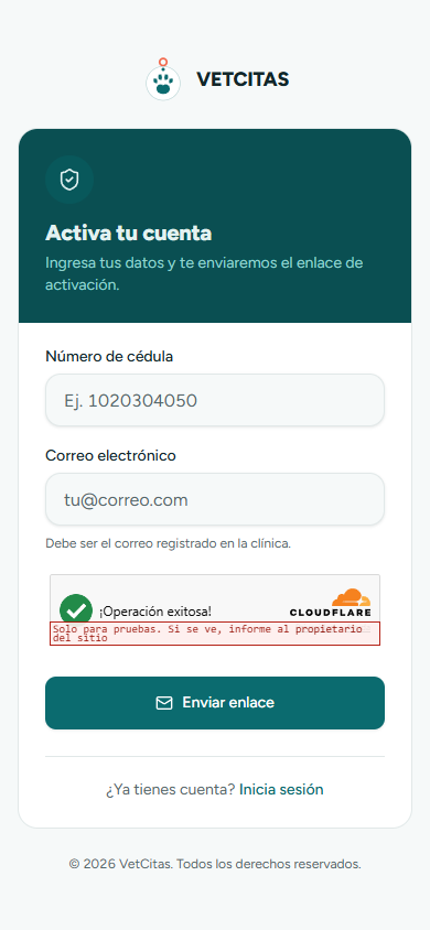 Pantalla Activa tu cuenta con los campos de número de cédula y correo electrónico (en el teléfono)