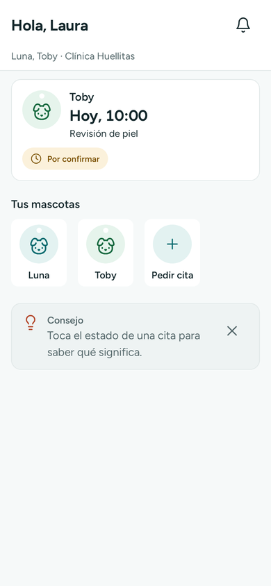 La app del dueño en el teléfono con el inicio, la próxima visita y la barra inferior