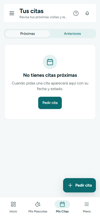 Mis citas con pestañas Próximas y Anteriores y tarjetas con su estado (en el teléfono)