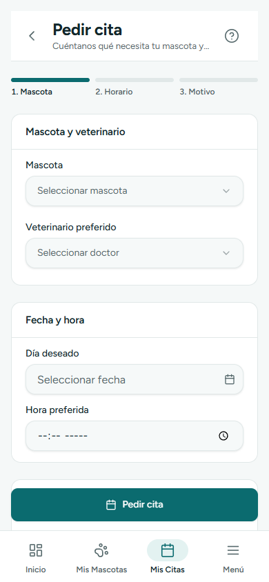 Formulario Pedir cita en el paso 1 de 3, eligiendo la mascota (en el teléfono)