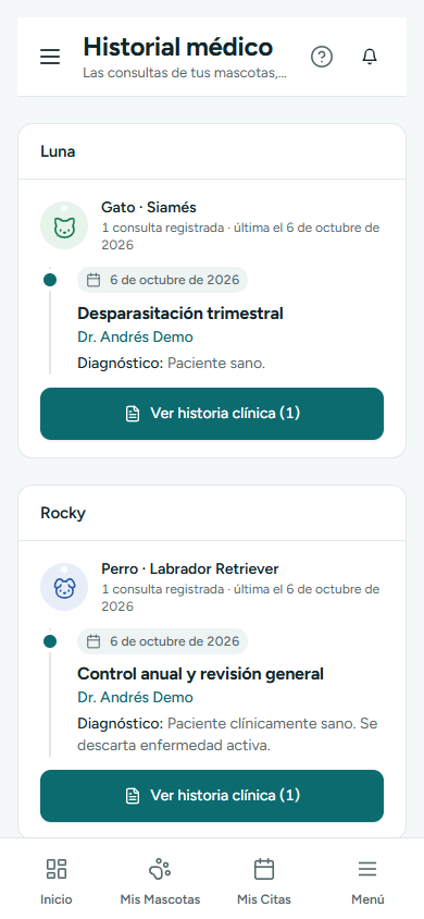 Historial médico con una tarjeta por mascota y sus consultas con fecha, motivo, doctor y diagnóstico (en el teléfono)