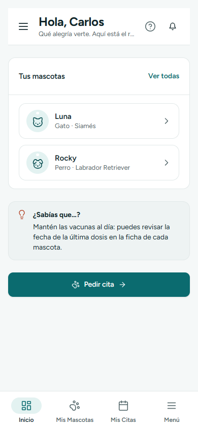 Inicio del portal con la próxima visita, las mascotas con su placa y un consejo de ¿Sabías que…? (en el teléfono)