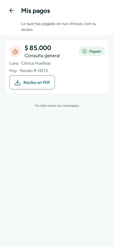 Mis pagos en la app con la lista de pagos, su estado y el botón para abrir el recibo en PDF
