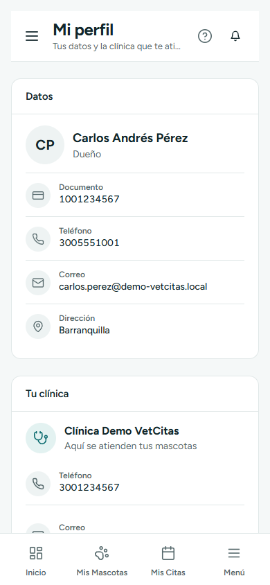Mi perfil con documento, teléfono, correo, dirección, la clínica y el botón Ver tutorial (en el teléfono)