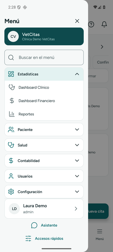 La app en el teléfono con la barra inferior Citas, Animal, Dueño y Menú