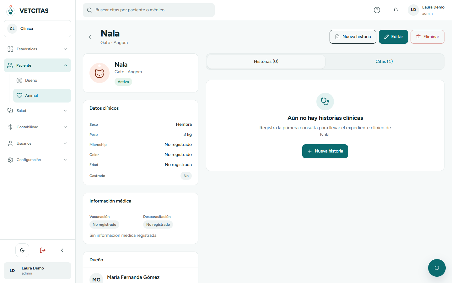 Ficha de un paciente con datos clínicos, dueño, información médica, citas e historias