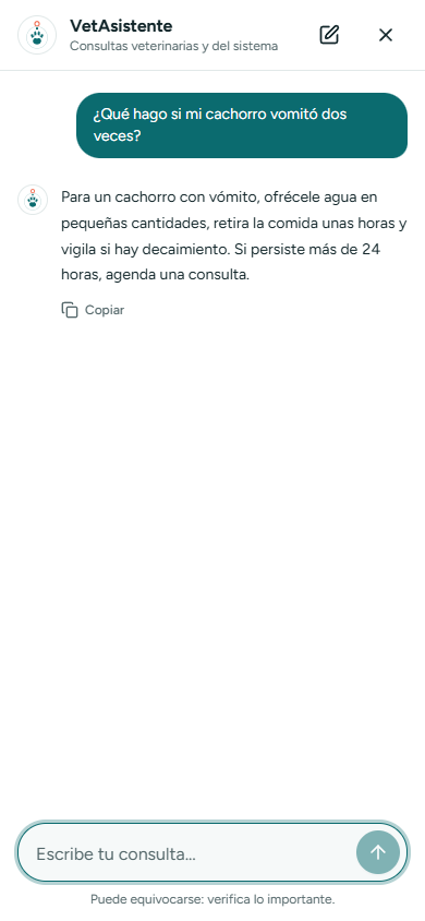 VetAsistente abierto con una pregunta y su respuesta de ejemplo (en el teléfono)