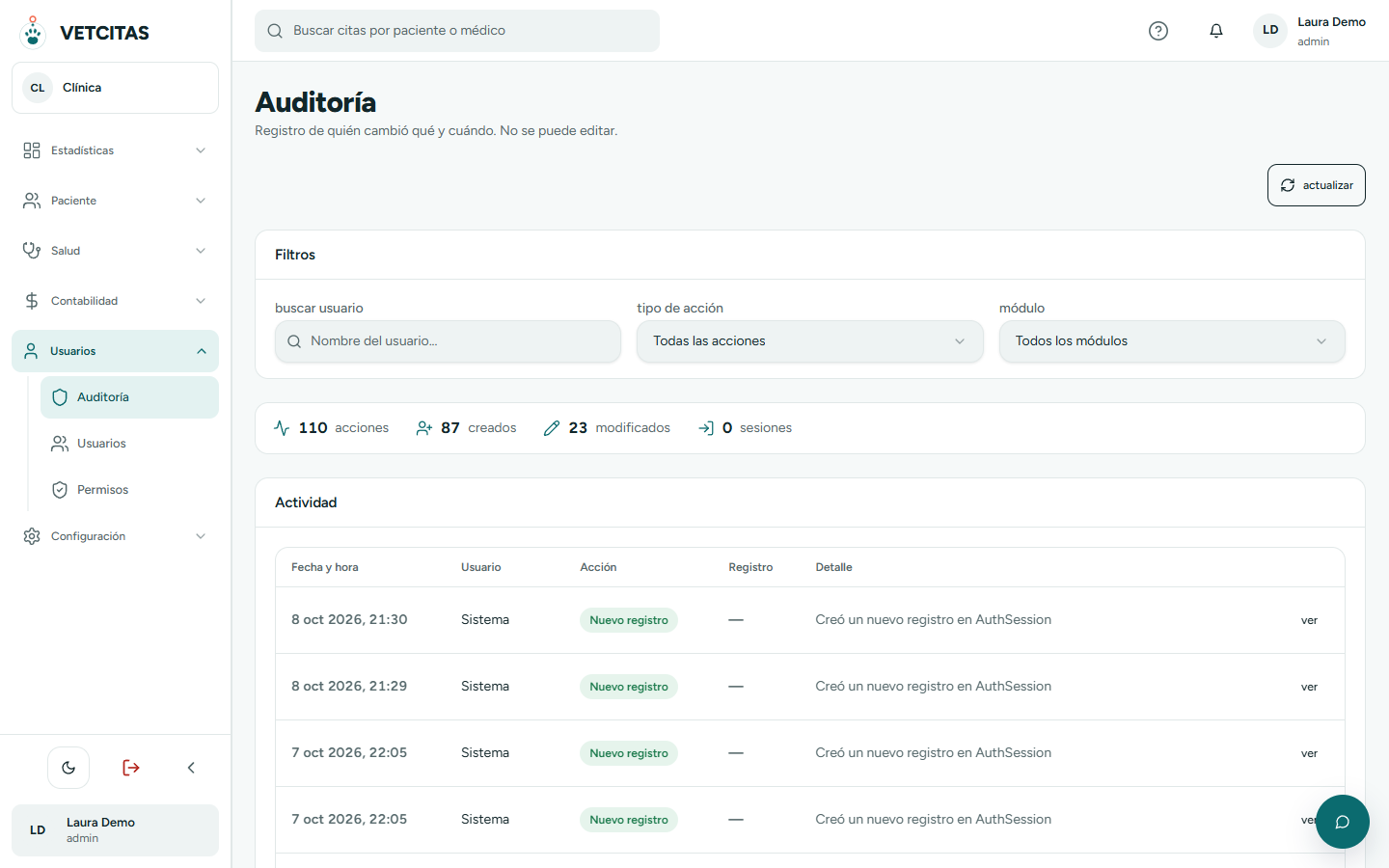 Auditoría con filtros y la lista de acciones con usuario, módulo y hora