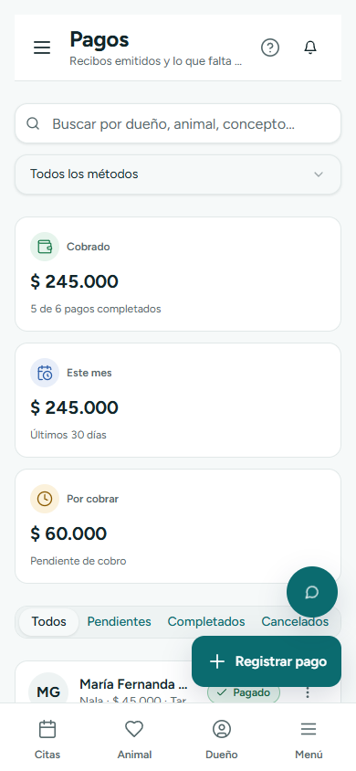 Lista de pagos con resumen de cobrado y pendiente y chips Pagado y Pendiente (en el teléfono)
