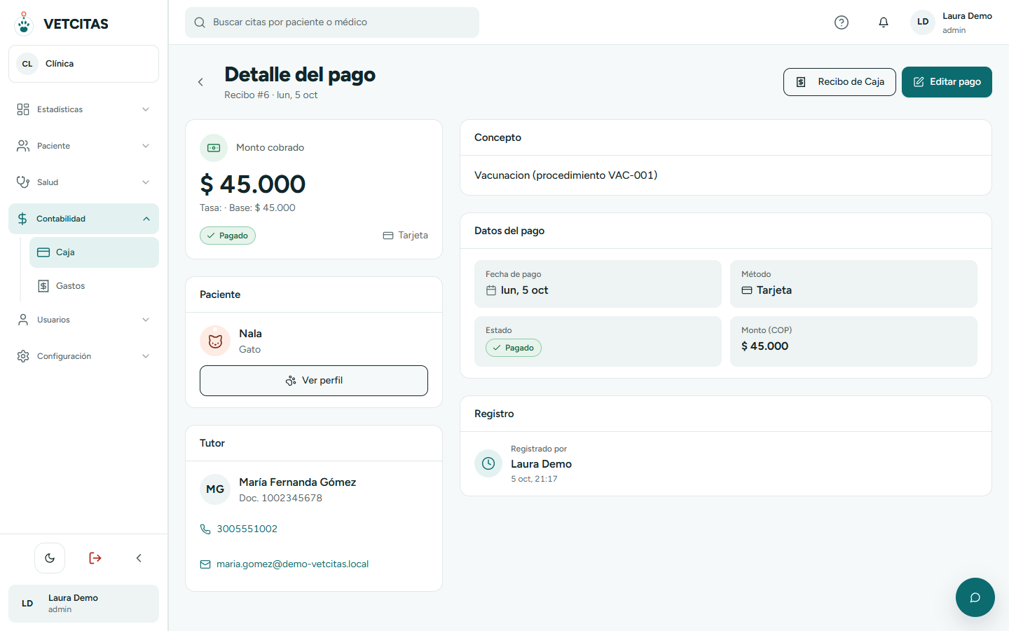 Detalle de un pago con sus conceptos y las opciones de imprimir y enviar por correo