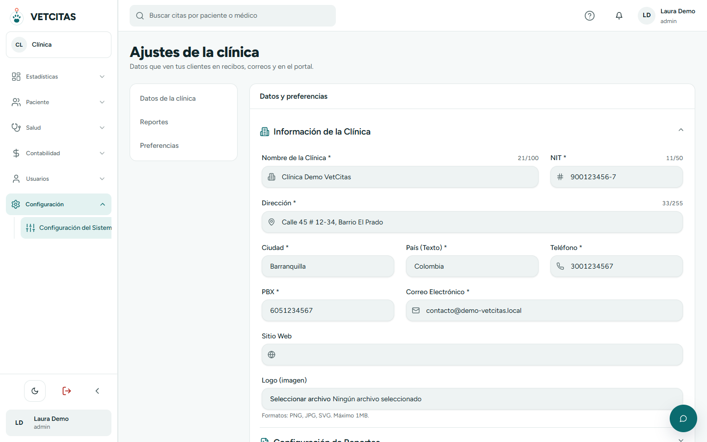 Ajustes de la clínica con datos, logo, región y moneda y numeración