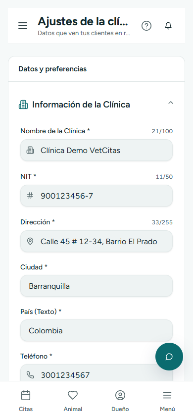 Ajustes de la clínica con datos, logo, región y moneda y numeración (en el teléfono)