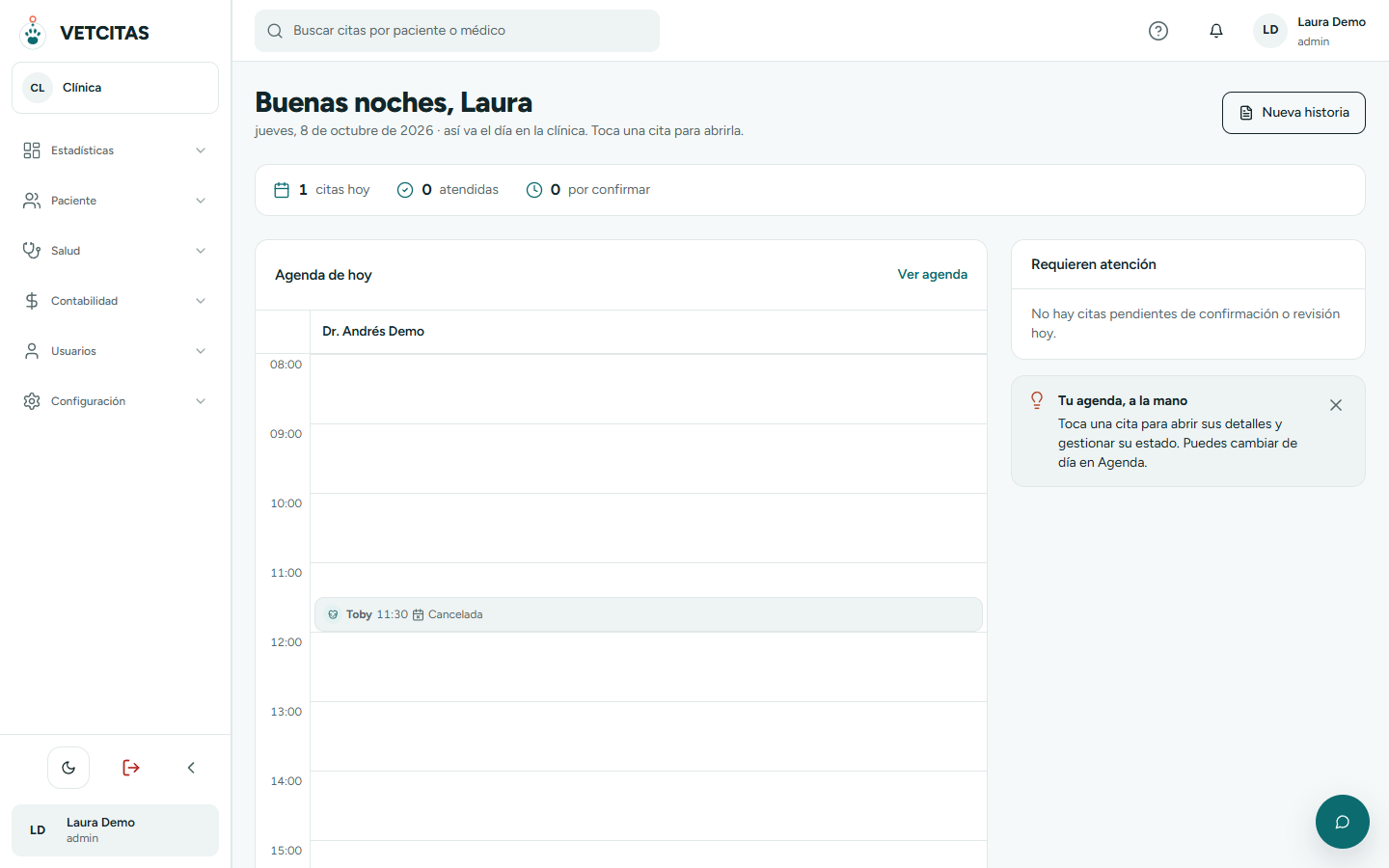 Dashboard Clínico con citas de hoy, citas que requieren atención y actividad semanal con datos de ejemplo