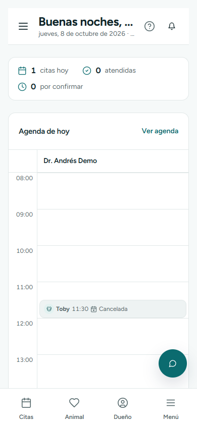 Dashboard Clínico con citas de hoy, citas que requieren atención y actividad semanal con datos de ejemplo (en el teléfono)