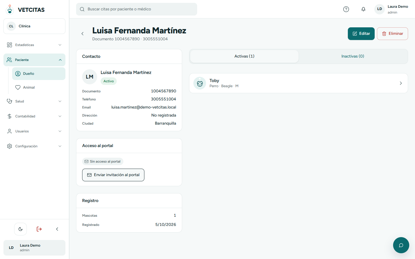 Ficha de un dueño con contacto, registro y mascotas activas e inactivas