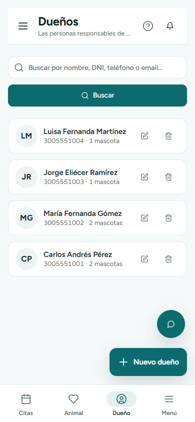 Lista de dueños con tarjetas y buscador (en el teléfono)