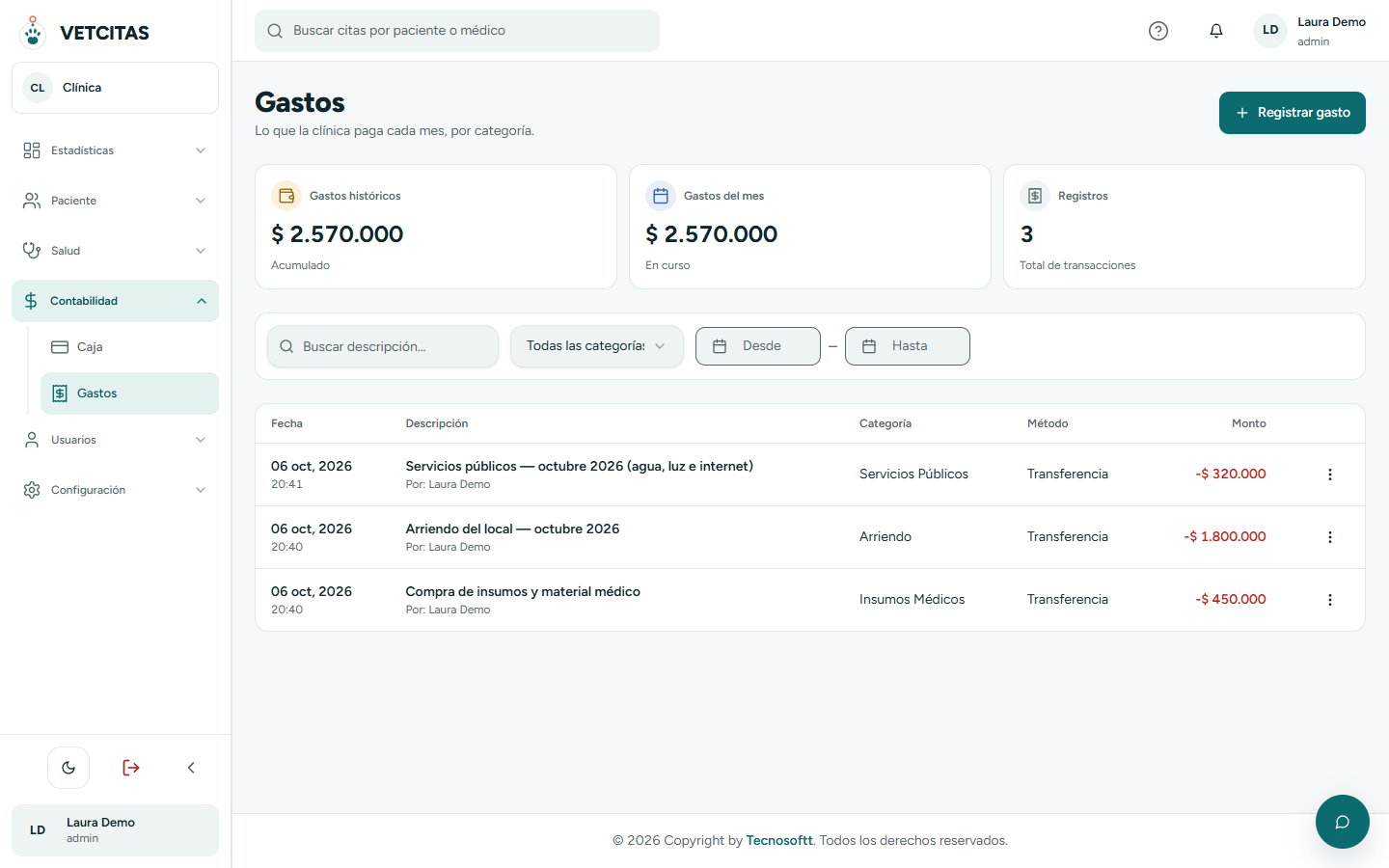 Lista de gastos con resumen del mes, histórico y filtros por categoría