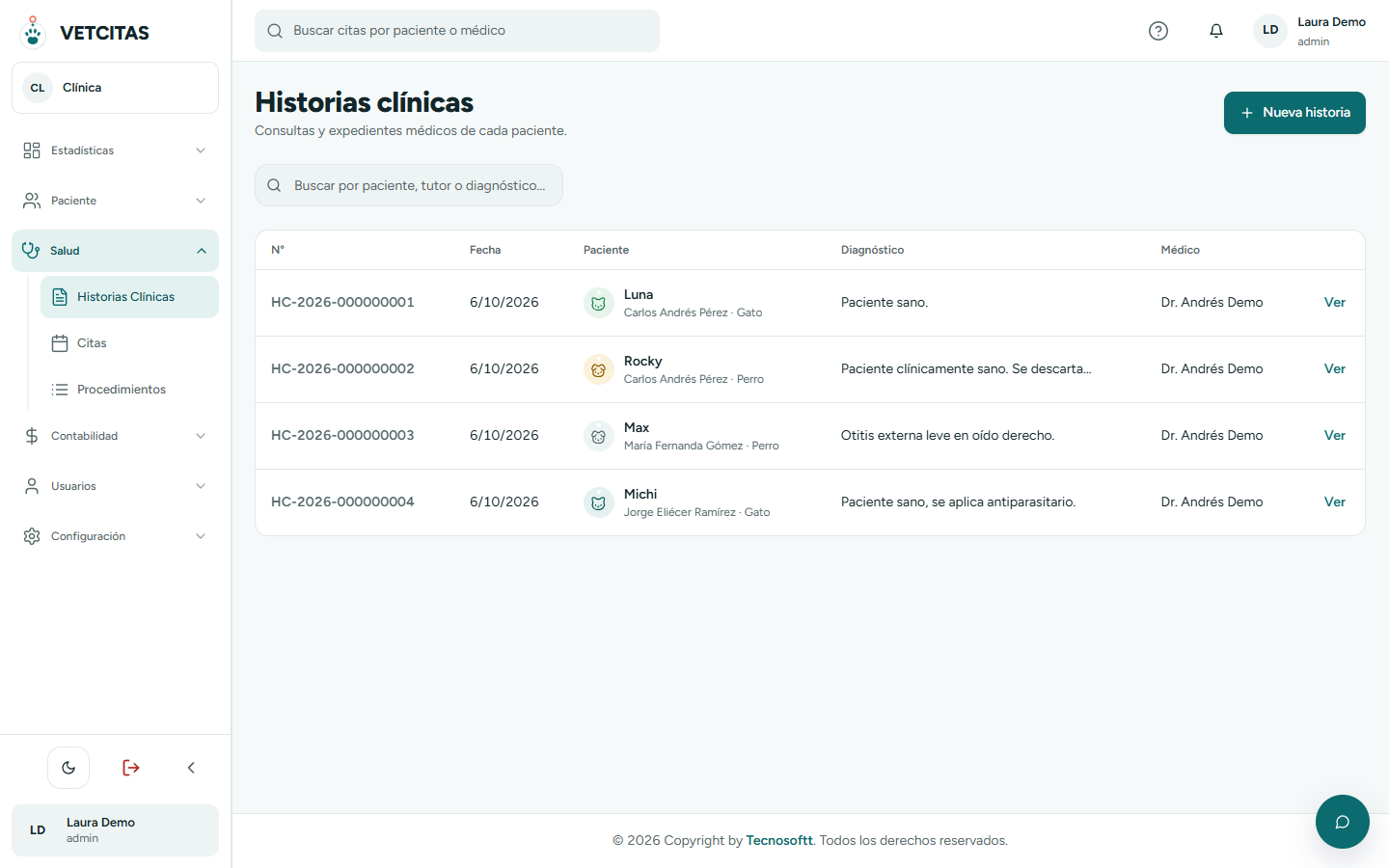 Lista de historias clínicas con paciente, fecha y diagnóstico