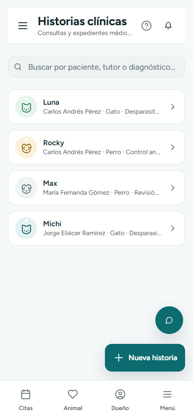 Lista de historias clínicas con paciente, fecha y diagnóstico (en el teléfono)