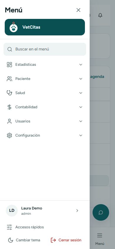 Inicio con el menú lateral desplegado en el escritorio (en el teléfono)