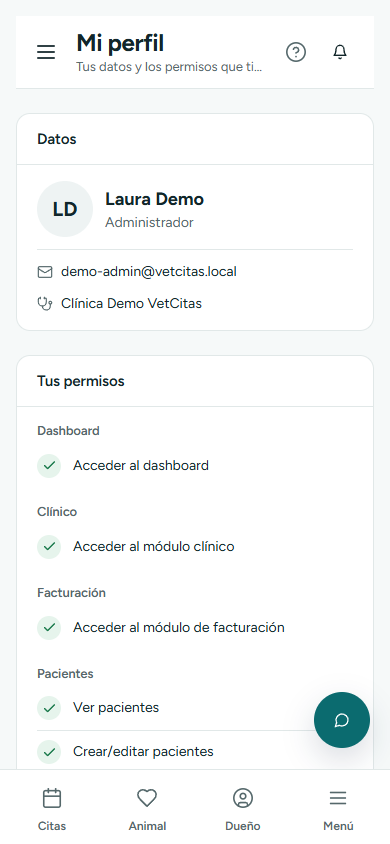 Mi perfil con nombre, rol, correo, clínica, permisos y el botón Ver tutorial (en el teléfono)