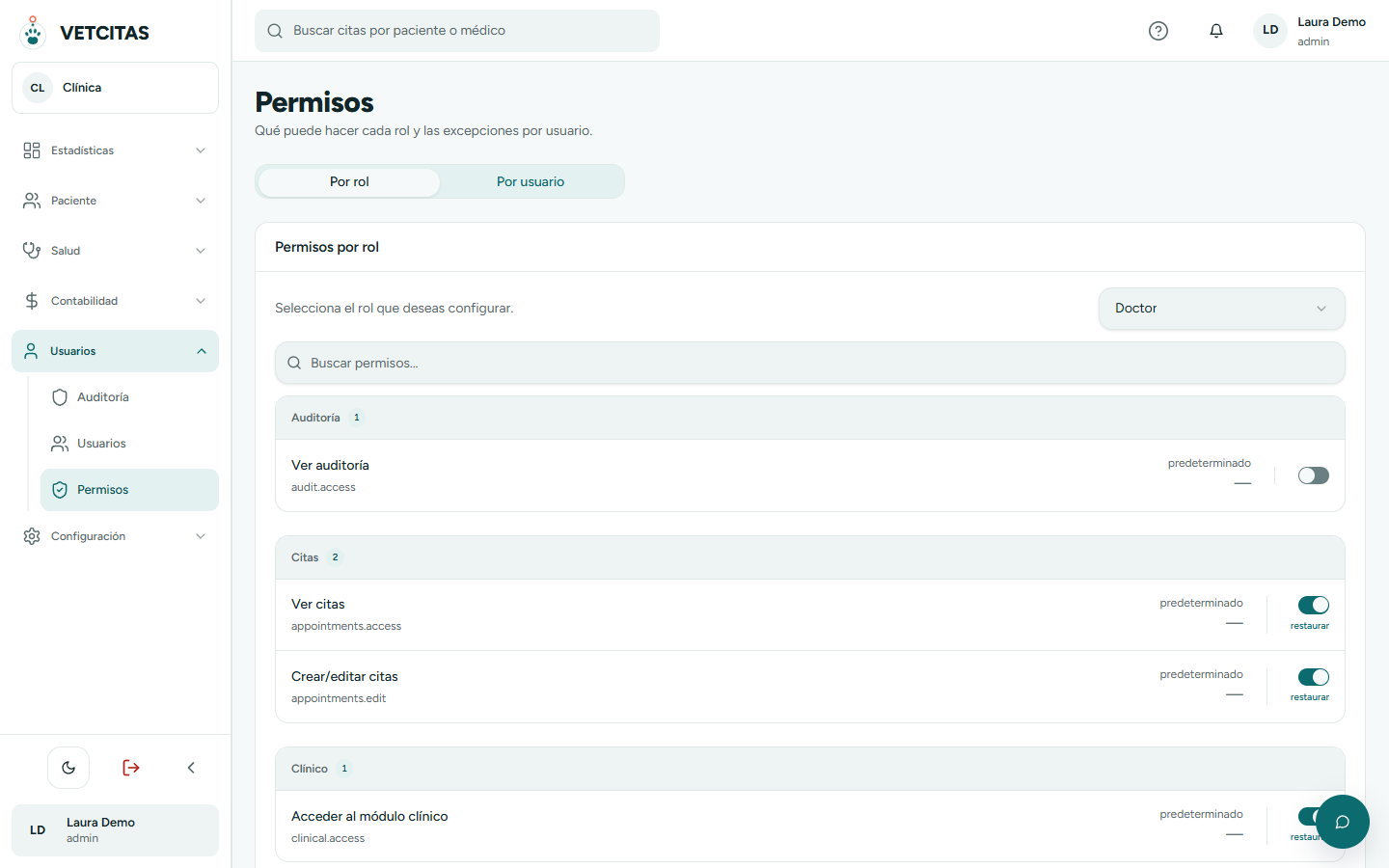 Permisos por rol con la lista de permisos y sus interruptores
