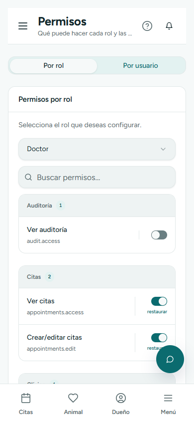 Permisos por rol con la lista de permisos y sus interruptores (en el teléfono)