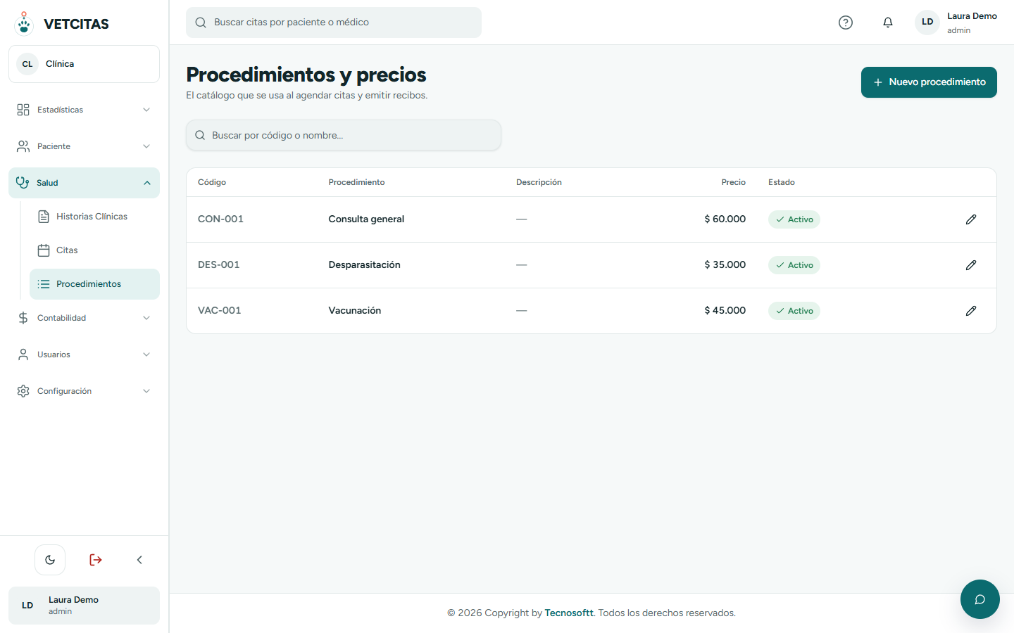 Catálogo de procedimientos con código, nombre, precio y estado
