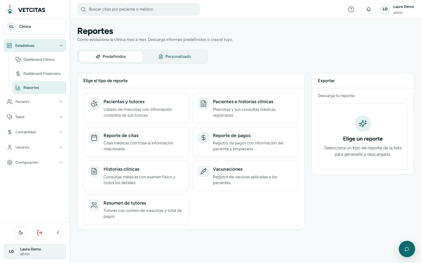Reportes avanzados con los tipos de informe, filtro de fechas y botones de exportar