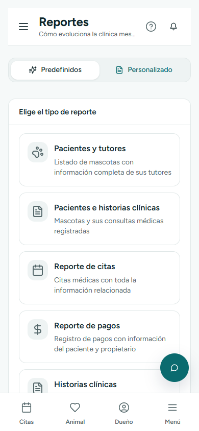 Reportes avanzados con los tipos de informe, filtro de fechas y botones de exportar (en el teléfono)