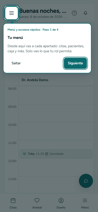 Pantalla de inicio con el tutorial abierto en el primer paso, señalando el menú (en el teléfono)